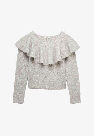 Grijze en roze gebreide trui met een brede, geplooide halslijn en lange mouwen; heeft een gestructureerd patroon en een cropped lengte.