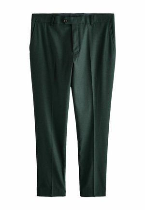 Dunkelgrüne maßgeschneiderte Hosen mit glatter Stoffoberfläche. Mit Fronttaschen und einem einzelnen Knopfverschluss an der Taille. Gerades Bein Design.