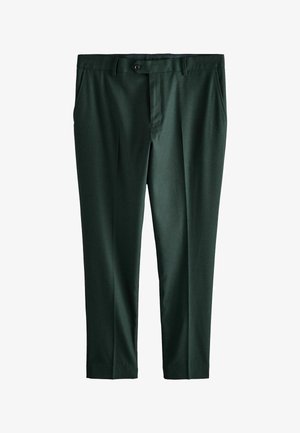 Tamsiai žali pritaikyti kelnių, pasižyminčių lygiu medžiagos paviršiumi. Yra priekinės kišenės ir vienas mygtukas užsegimui ties juosmeniu. Tiesios kojos dizainas.