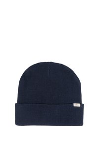 Beanie in maglia blu scuro con orlo piegato e una piccola etichetta in tessuto ricamata. Tessuto liscio e design classico e aderente.