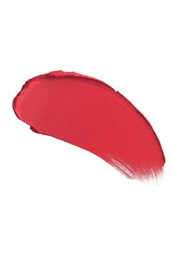 Heller roter Lippenstift-Fleck mit glatter Textur und zulaufenden Pinselstrichen auf weißem Hintergrund.