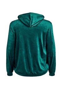 Felpa in peluche color teal, con vestibilità ampia, maniche lunghe e cappuccio; presenta un cinturino e polsini elasticizzati per un comfort aggiuntivo.