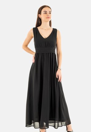Robe maxi noire avec un col en V, un corsage froncé et une jupe fluide. Fabriquée en tissu léger avec une texture lisse. Silhouette élégante.