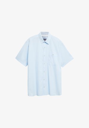 Chemise bleu clair à manches courtes avec boutons, poche poitrine et col classique, présentée sur fond blanc.