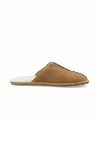 Brune suede tøfler med en blød hvid foring, åben rygdesign og en tekstureret gummisål. Har en glat, strømlinet form.