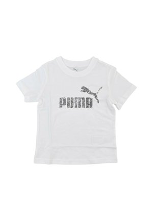 T-shirt bianca a maniche corte per bambino con scollo tondo e logo Puma grigio e scritta al centro davanti.