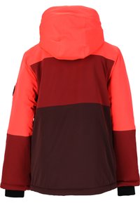 Farbenblockierte Jacke mit einer leuchtend korallenfarbenen Kapuze, tief burgunderfarbenen und braunen Abschnitten, elastischen Bündchen und lockerer Passform.