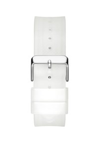 Cinturino per orologio in silicone bianco con una superficie liscia, dotato di una fibbia in metallo argentato e diversi fori di regolazione per la misura.