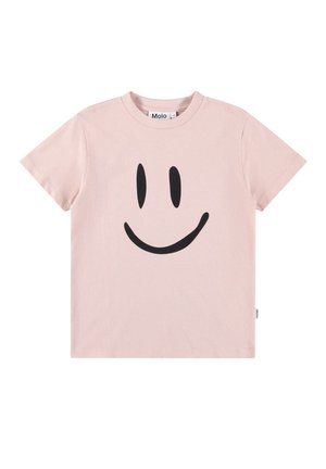 T-shirt rosa chiaro a maniche corte con una grande grafica di una faccina sorridente nera sul davanti e una piccola etichetta del marchio sulla cucitura laterale.