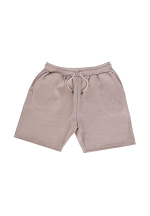 Beige Baumwollmischung-Shorts mit strukturierten Oberfläche, elastischem Taillenbund, Kordelzugverschluss und seitlichen Taschen. Mit einem kleinen Logo-Detail.