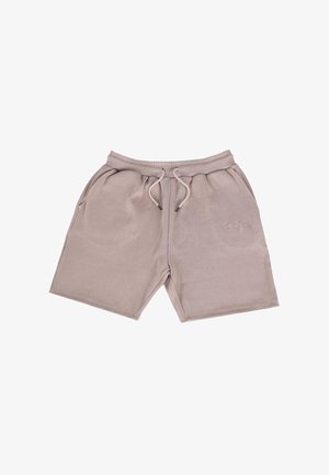 Beige cotton blend shorts with a textured surface, elastic waistband, drawstring closure, and side pockets. Features a small logo detail.