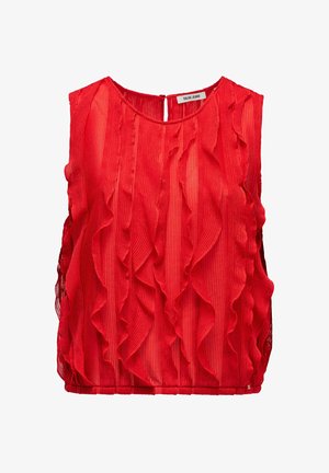 Blouse rouge sans manches avec texture côtelée verticale et volants en cascade, fermeture par bouton à œillet dans le dos du col, de la marque Salsa Jeans.