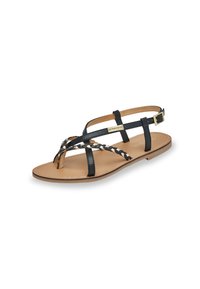 Black leather sandal with braided detail on the toe strap and a gold-tone hardware accent. Flat sole, adjustable ankle strap, and tan insole.