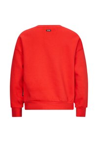 Felpa rossa con collo a giro, maniche lunghe e polsini a coste. Presenta un piccolo etichetta nera sul retro. Materiale morbido e testurizzato.