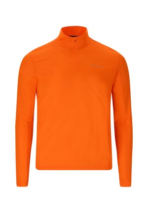 Long-sleeve quarter-zip top in bright orange, made from stretchy fabric with a smooth texture; features a high collar and subtle logo detail.