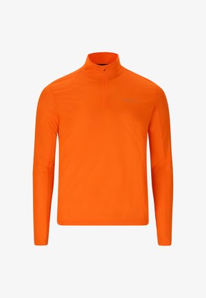 Langærmet trøje med kvart lynlås i klar orange, lavet af strækbart stof med en glat tekstur; har en høj krave og diskret logo detalje.