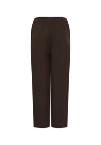 Pantalon marron foncé, coupe ample, avec une taille élastique et des jambes droites, présenté sur fond blanc.
