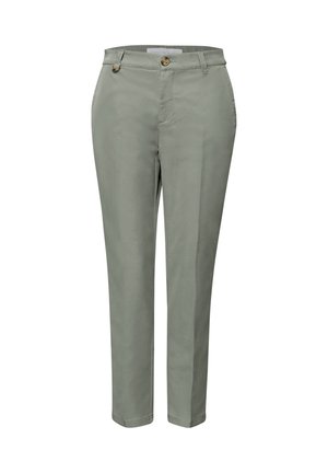 Hellgraue, gerade geschnittene Hose mit Knopf- und Reißverschluss, Gürtelschlaufen und vorderen Taschen, auf weißem Hintergrund präsentiert.