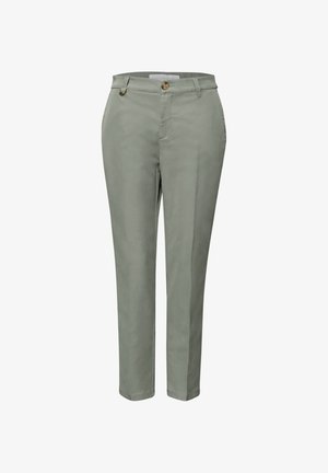 Hellgraue, gerade geschnittene Hose mit Knopf- und Reißverschluss, Gürtelschlaufen und vorderen Taschen, auf weißem Hintergrund präsentiert.