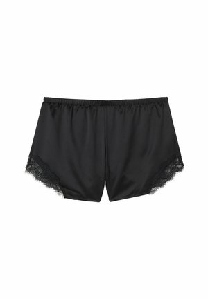 Shorts en satin noir avec une taille élastique, ornés de délicates bordures en dentelle noire le long de l' ourlet pour plus de détails et de texture.