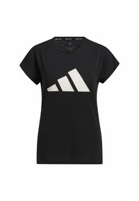 Černé bavlněné tričko s krátkým rukávem, s velkým bílým designem loga Adidas na hrudi. Jednoduchý kulatý výstřih; měkká tkanina.