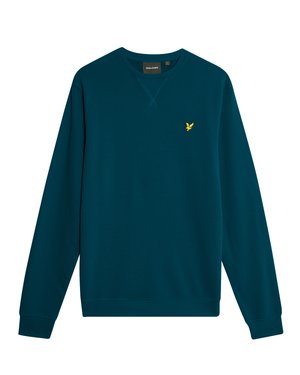 Mørk teal crewneck-sweatshirt med lange ermer og en liten gul fuglelogo på venstre bryst.