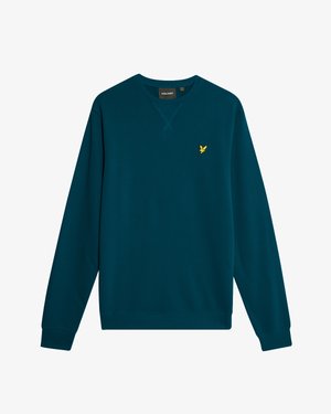 Mørk teal crewneck-sweatshirt med lange ermer og en liten gul fuglelogo på venstre bryst.