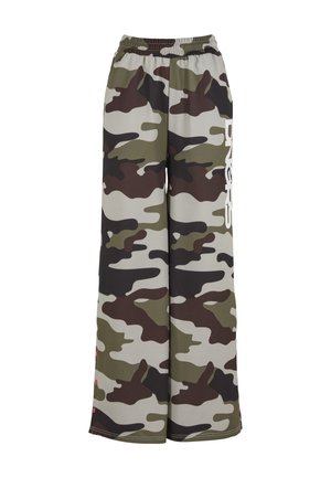 Roheline, pruun ja hall kamuflaažiga laiad püksid, millel on elastne vöökoht ja külgmised aktsendid. Külgedel on brändi tekst.