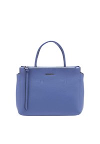 Borsa a mano in pelle azzurro chiaro con superficie testurizzata, manici superiori doppi e chiusura a zip. Presenta una piccola tracolla e un dettaglio con logo.