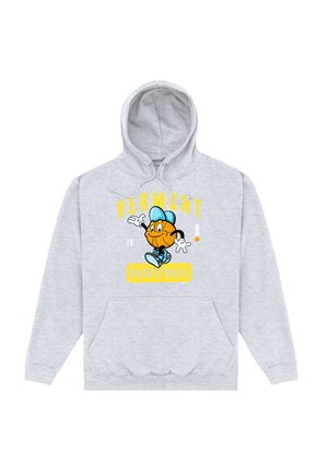 Lichtgrijze hoodie met een cartoon basketbalfiguurtje dat een blauwe pet en sneakers draagt, met de tekst "Vermont Basketball" in gele letters.