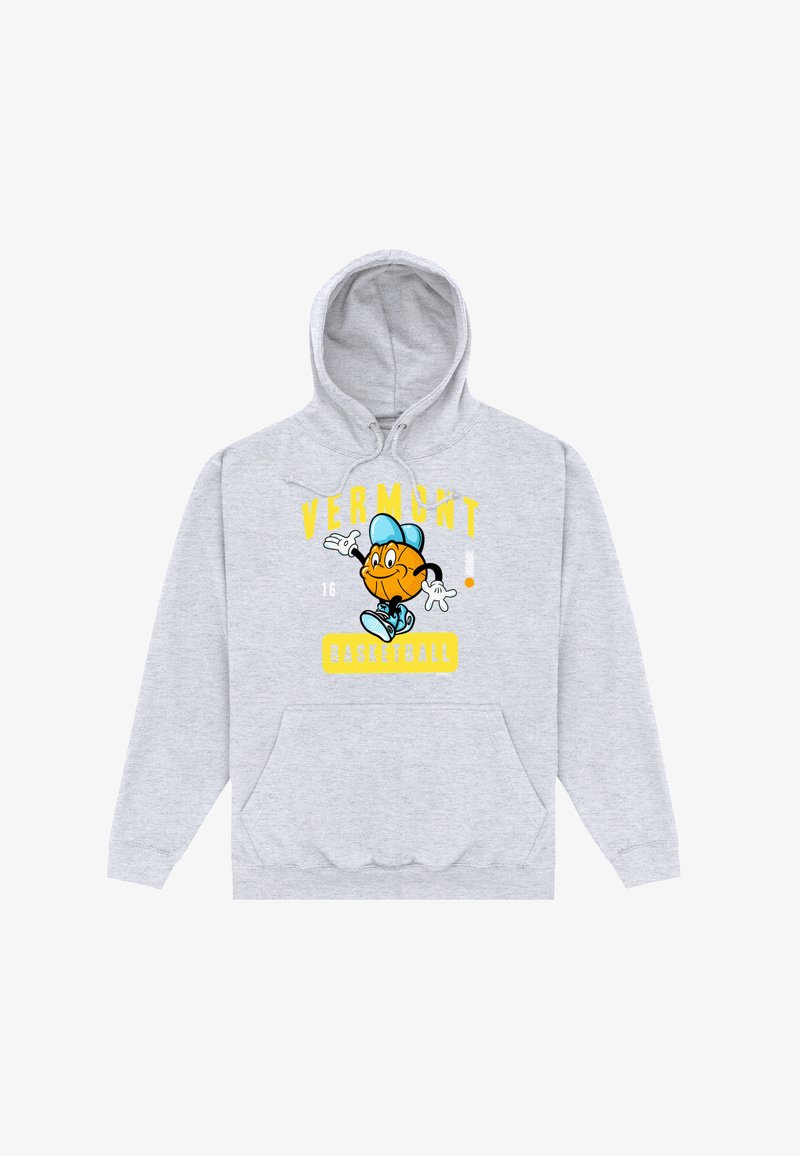 Lichtgrijze hoodie met een cartoon basketbalfiguurtje dat een blauwe pet en sneakers draagt, met de tekst "Vermont Basketball" in gele letters.
