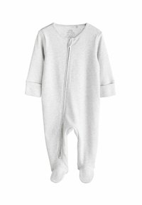 Grå one-piece baby suit tillverkad av mjuk bomull, med långa ärmar, fotsydd design och framdragskedja för enkel påklädning.