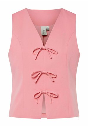 Vaaleanpunainen hihaton paita, jossa on syvä V-kaula-aukko, kolme koristeellista rusettiliinaa edessä sekä suora helma, jossa pieni aukko alaosassa.