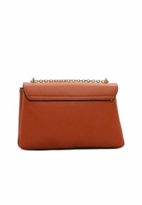 Brown textured handbag with a structured design, gold chain strap, and a flap closure featuring black edging for contrast.