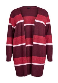Röd och vinröd randig cardigan. Mjukt, texturerat tyg med öppen front och långa ärmar. Innehåller tunna vita ränder inom bredare paneler.