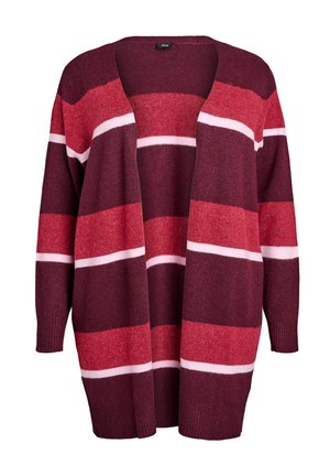 Cardigan rayé rouge et bordeaux. Tissu doux et texturé avec une ouverture à l'avant et des manches longues. Contient des rayures blanches fines dans des panneaux plus larges.