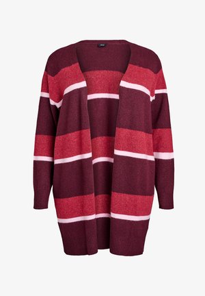 Cardigan a righe rosse e bordeaux. Tessuto morbido e testurizzato con apertura frontale e maniche lunghe. Contiene sottili strisce bianche all'interno di pannelli più ampi.