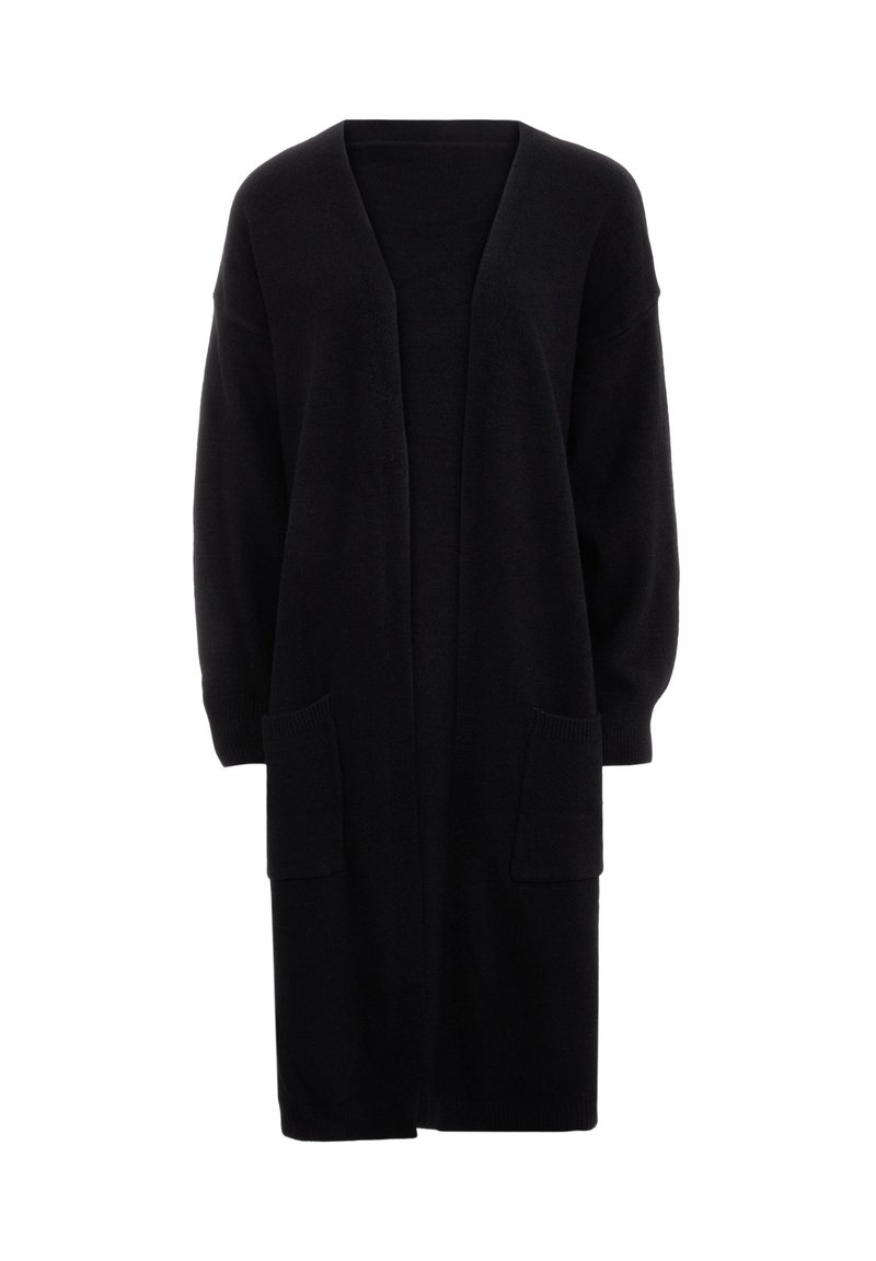 Lungo cardigan nero realizzato in tessuto morbido, con scollo a V profondo, maniche lunghe e due tasche frontali per una maggiore funzionalità.