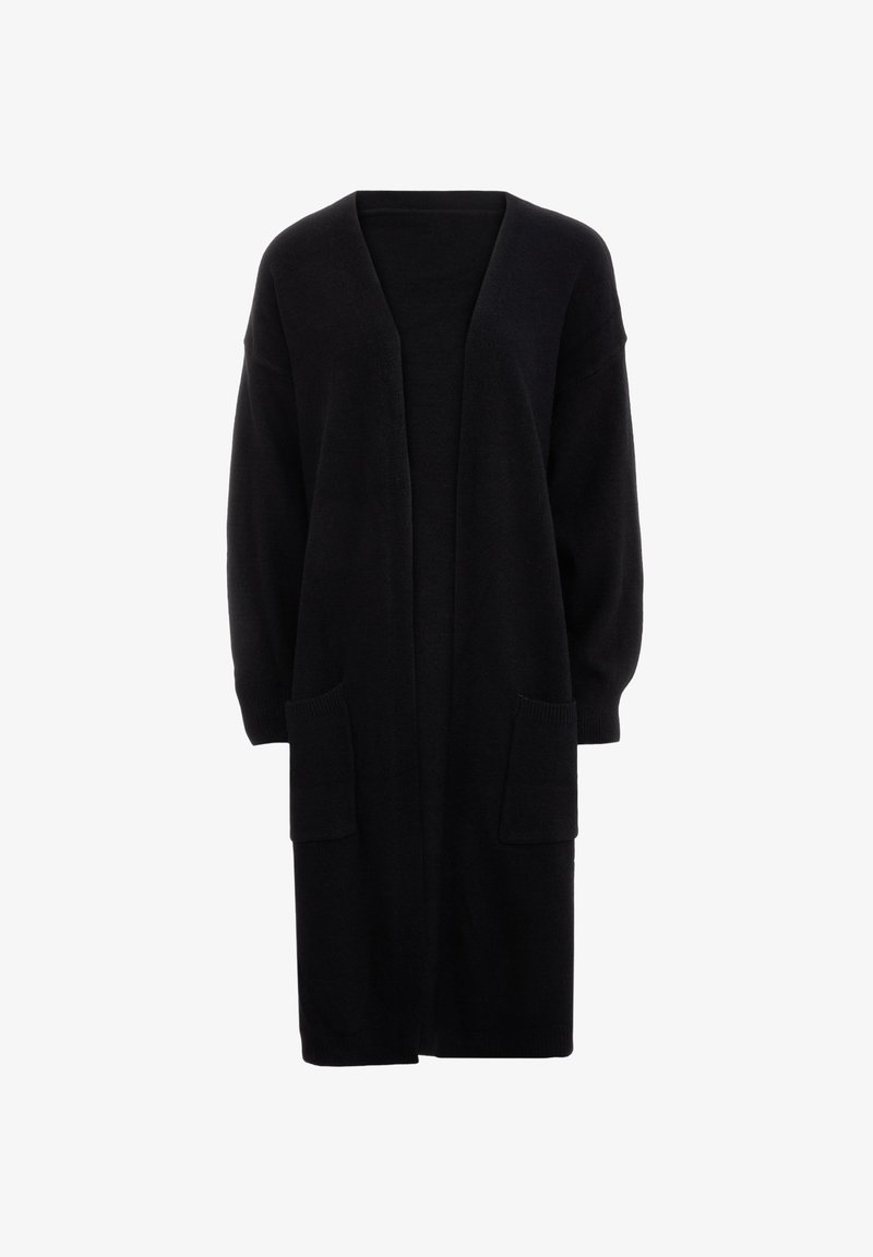 Hosszú fekete kardigán, puha anyagból, mély V-kivágással, hosszú ujjal és két elülső zsebbel a funkcionalitás érdekében.