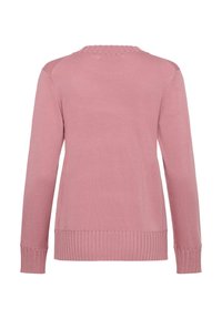Pull en maille rose à manches longues avec poignets, ourlet et encolure côtelés, vu de dos sur fond blanc.