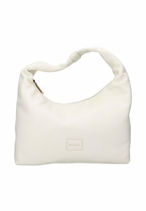 Borsa a mano in morbida pelle bianca con tracolla intrecciata e chiusura lampo dorata, forma rettangolare e piccola etichetta del marchio "BIASIA" al centro frontale.
