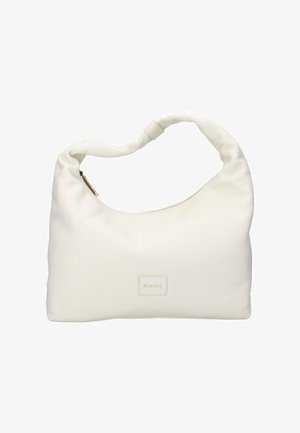 Borsa a mano in morbida pelle bianca con tracolla intrecciata e chiusura lampo dorata, forma rettangolare e piccola etichetta del marchio "BIASIA" al centro frontale.