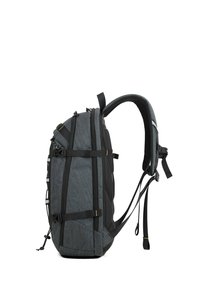 Zaino di tessuto grigio scuro con dettagli neri, spallacci imbottiti, numerose cinghie di regolazione e scomparti con zip.