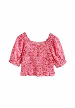 Bluză florală roz din material ușor, cu corset elastica, decolteu pătrat și mâneci bufante cu manșete elastice.