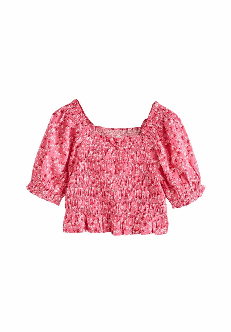 Lyserød blomstret bluse lavet af letvægtsstof, med en smocked bodice, firkantet udskæring og puffede ærmer med elastiske manchetter.