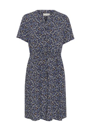Robe à manches courtes en tissu bleu foncé avec un motif floral en blanc, bleu et rouille. Elle possède une taille cintrée et un décolleté en V.