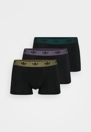 Drei Paare schwarzer Boxershorts mit kontrastierenden elastischen Taillenbündchen: grün, lila und oliv, mit einem schwarzen Logomuster. Weicher Stoff, figurbetontes Design.