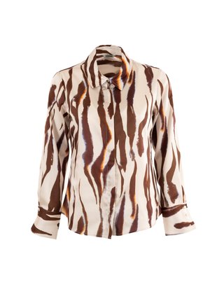 Bruin en crèmekleurige blouse met lange mouwen, voorzien van een tijgerprintpatroon, gemaakt van gladde stof, met een overhemdkraag en mouwsplitten met knopen.