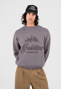Grauer Strickpullover mit einem Blätterdesign und dem Schriftzug "Prohibited 10119 BERLIN" in Dunkelbraun. Kombiniert mit beigefarbenen Plissee-Hosen.