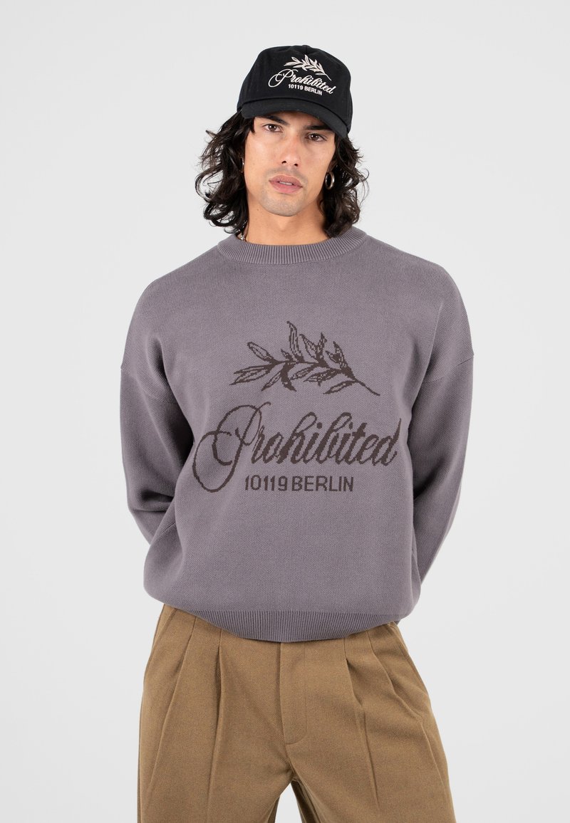 Grauer Strickpullover mit einem Blätterdesign und dem Schriftzug "Prohibited 10119 BERLIN" in Dunkelbraun. Kombiniert mit beigefarbenen Plissee-Hosen.